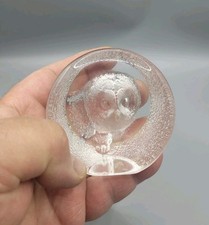 Vintage Mats Jonasson Sweden “Owl Paperweight” Crystal Glass Etched - Signed