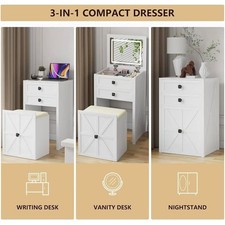 Farmhouse Style Vanity Desk with Mirror & Lights | Compact - Use 3 Ways