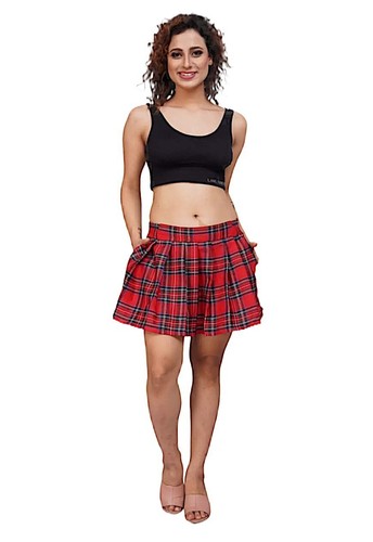 Red tartan high waist pleated - red,