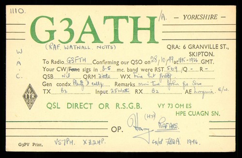 Qsl card radio g3ath raf - uk,
