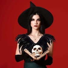 Black Green Feather Hand made Collar Cape Shawls Wrap for Halloween Xmas Dress