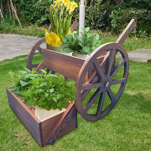 Wooden wagon wheel planter box - wooden,