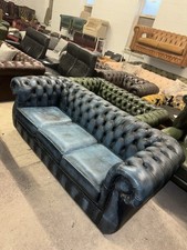 Chesterfield Blue Real Leather Three Seater Sofa