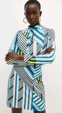 KAREN MILLEN Geo High Neck Jersey Mini Dress Blue Green Size 12