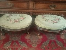 Pair Antique Victorian Carved Footstool With Needlework Tops. Country House.