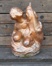 Vintage Gold Cast Stone Boy Holding Fish Fountain Garden Statue Water Feature #2