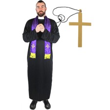 PRIEST COSTUME ADD CROSS VICAR RELIGIOUS FANCY DRESS ROBE SCARF STAG DO S M L XL