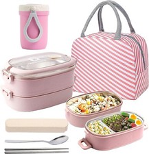 Bento Lunch Box Set, Multi Compartment with Cutlery & Thermal Bag (PINK)