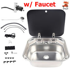 RV Caravan Camper Sink Stainless Steel Hand Wash Basin & Glass Lid & Faucet