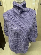 Irish Hand Knit Aran Wool Poncho Button Clasp Size Small 8 10