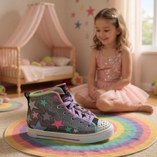 Skechers Twinkle Toes Sparks Shoes Light Up Silver Shoes Girls Youth Size 2.5