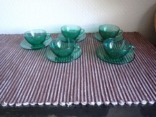 5 x FRENCH - ARCOROC GREEN GLASS CUP & SAUCER
