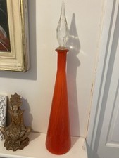 Vintage Orange Red Empoli Glass Genie Bottle Tall - Clear Stopper