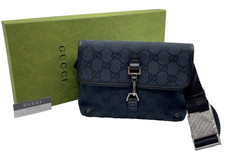 Auth Gucci 92543 Jackie GG Canvas Leather Black Waist Bag W/Box NS100515