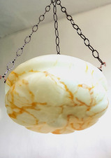 Art Deco XL Amber/White Glass Flycatcher Bowl Light Shade Hooks & Chains - D37cm
