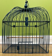Vintage Blue Metal Bird Cage With Wooden Perch