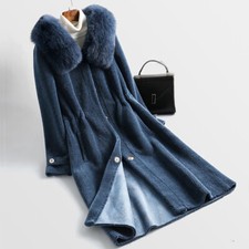 Britsh Womens Real Sheepskin Lamb Fur Coat Hooded Shearling Jacket Parka Coat