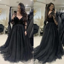 Long Sleeves Wedding Dresses Black Gothic V Neck A Line Bridal Gowns Plus Size