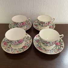 Vintage Crown Staffordshire Set Of 4 Tea Cups & Saucers -Floral With Gold Gilt