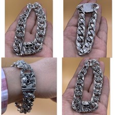 Rare vintage momento mori solid 925 silver link bracelet several skulls!