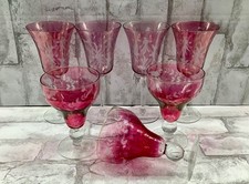 VTG Bohemian Crystal Cut Etched Cranberry Wine Glasses Goblets Set Of 7