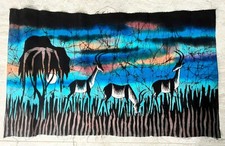 1970's African Art Batik Painting Antelopes Signed Art Wall Hanging Fabric (2)