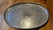 Vintage Sheffield Repro Silver Plate on Copper Galleried & Engraved Oval TRAY