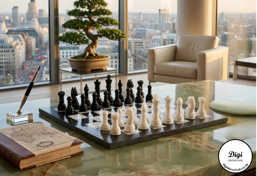 Black white marble chess set - black,