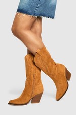 COWBOY BOOT TAN  FAUX SOFT NAPPA SUEDE ON TREND CALF HEIGHT