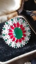 Vintage 1990-s Emerald and Ruby 925 Sterling Silver Ring Size UK O.5,US 7.25