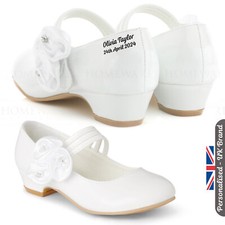Girls Communion Shoes Personalised Mary Jane Patent White Ivory Wedding Low Heel