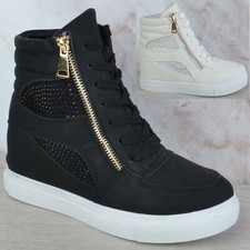 WOMENS LADIES HIDDEN WEDGE HEEL LACE UP PLATFORM TRAINERS ANKLE BOOTS SIZE