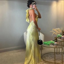 ZARA NEW WOMAN SS24 LEMON YELLOW LONG SATIN HALTER DRESS REF:8342/205 size S 