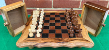 Hand Made Wooden Table Chess Board, inc Chess Pieces & 2 slide in Storage Boxes