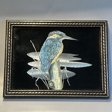 VINTAGE PENCRICKET  FOIL PICTURE GLORIOUS KINGFISHER BIRD MADE IN ENGLAND c1970s
