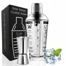 FLOW Glass Cocktail Shaker with Recipes, Mixing Glass, Strainer Spirit Measure