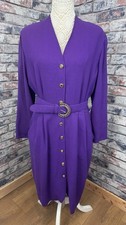 Vintage Jaeger Dress Midi 100% Wool Purple Belt  Button Long Sleeves 70s 80s 14