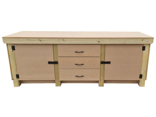 Wooden work bench with drawers