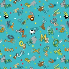 Animal Alphabet Fabric A to Zoo 112cm wide 100% Cotton 2653-75 Teal