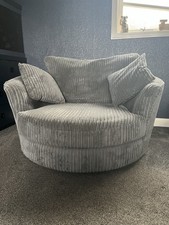 2 Large Round Swivel Cuddle Chairs Grey Cord Fabric