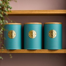 Tea Coffee & Sugar Canisters Bin Jar Storage 3pc Teal & Gold Cooks Professional