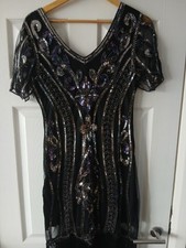 Black Beaded Sequin Tassels  Charlstone 20s Flapper Evening Cruises Gown Dress M