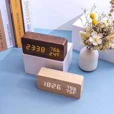 Digital Alarm Clock Wooden LED Clock Time Temperature Calendar USB Alarm Desk