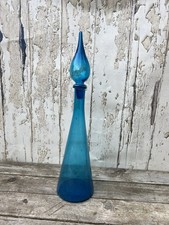 Vintage Blue Glass Empoli Genie Apothecary Bottle & Stopper Mid Century Modern
