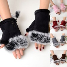 Womens Fingerless Gloves Faux Rabbit Fur Suede Wrist Solid Mitten Winter Warmer