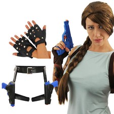 TOMB RAIDER LARA CROFT FANCY DRESS COSTUME WIG GUNS HOLSTER GLOVES HALLOWEEN