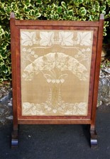 Large Antique Arts & Crafts Cotswold School Oak & Tapestry Fireplace Fire Screen