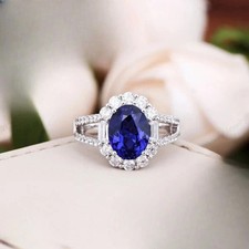 3.60 Ct Oval Cut Natural Sapphire & Diamond Wedding Ring 14k White Gold Size 8