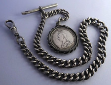 Antique all orig 53.3g solid silver pocket watch albert chain,Victorian coin fob