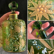 RARE ANTIQUE Moser PERFUME BOTTLE Green Enamelled Gilded Floral Glass C1880 6”